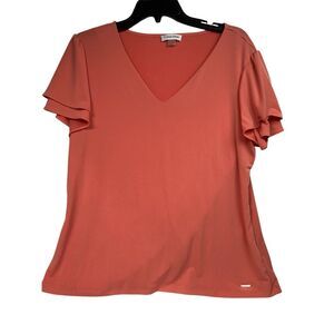 Calvin Klein Coral V-Neck Ruffled Sleeve Top